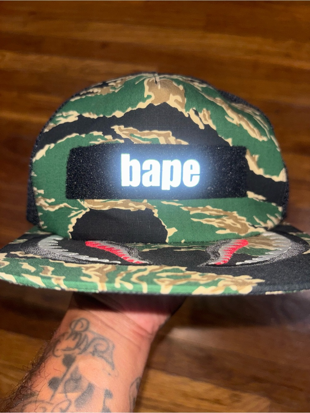 Bape Green Tiger Camo 5-Panel Cap with Reflective Logo